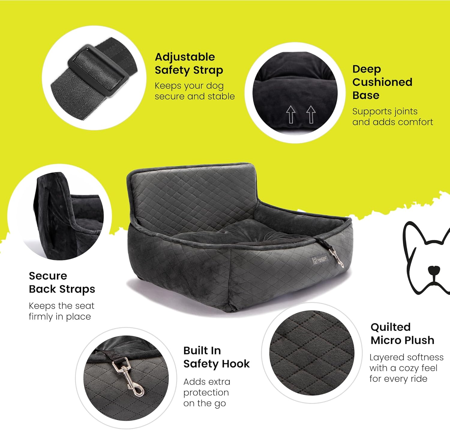 NANDOG Dog Car Seat in Charcoal Gray - Ultra Soft Plush Fabric for - Secure & Modern Design - Perfect for Small/Medium Dogs