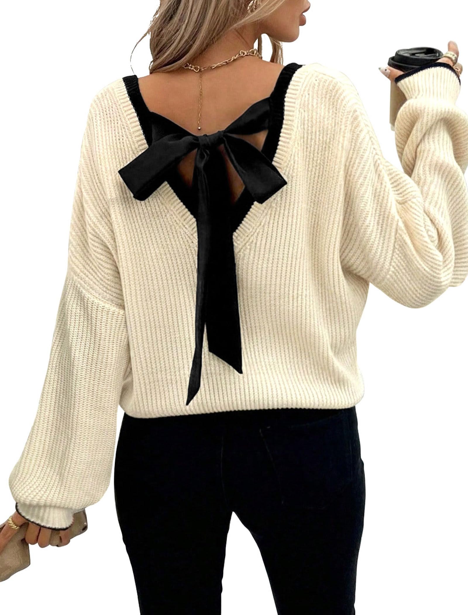 ZAFUL Womens Bow Chunky Knit Sweater Crew Neck Long Sleeve Knitted Sweater Trendy Fall Winter Pullover Sweaters 2025