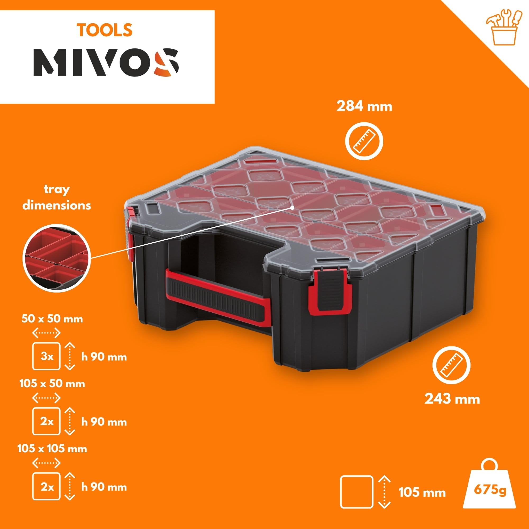 Mivos Skrzynka na akcesoria i małe części – 284 x 243 x 105 mm – pudełko na śruby z 7 wyjmowanymi pojemnikami wewnętrznymi – skrzynka do sortowania – stabilna skrzynka narzędziowa do warsztatu