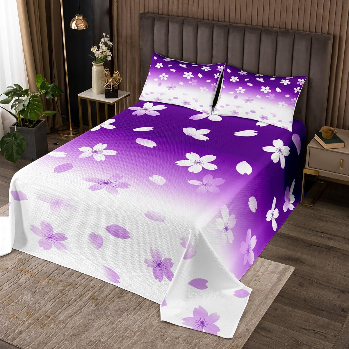 Erosebridal Purple White Gradient Coverlet Sets Romantic Cherry Blossom Queen Size Bedspread Sets for Kids Boys Girls,Watercolor Flowers Dreamy Sakura Quilt Set Japanese Sakura Plants Bed Set