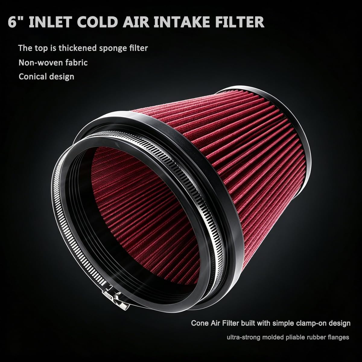6" Inlet Cold Air Intake Filter - Washable, High Performance Clamp-On Replacement Cone Air Filter Red image 2