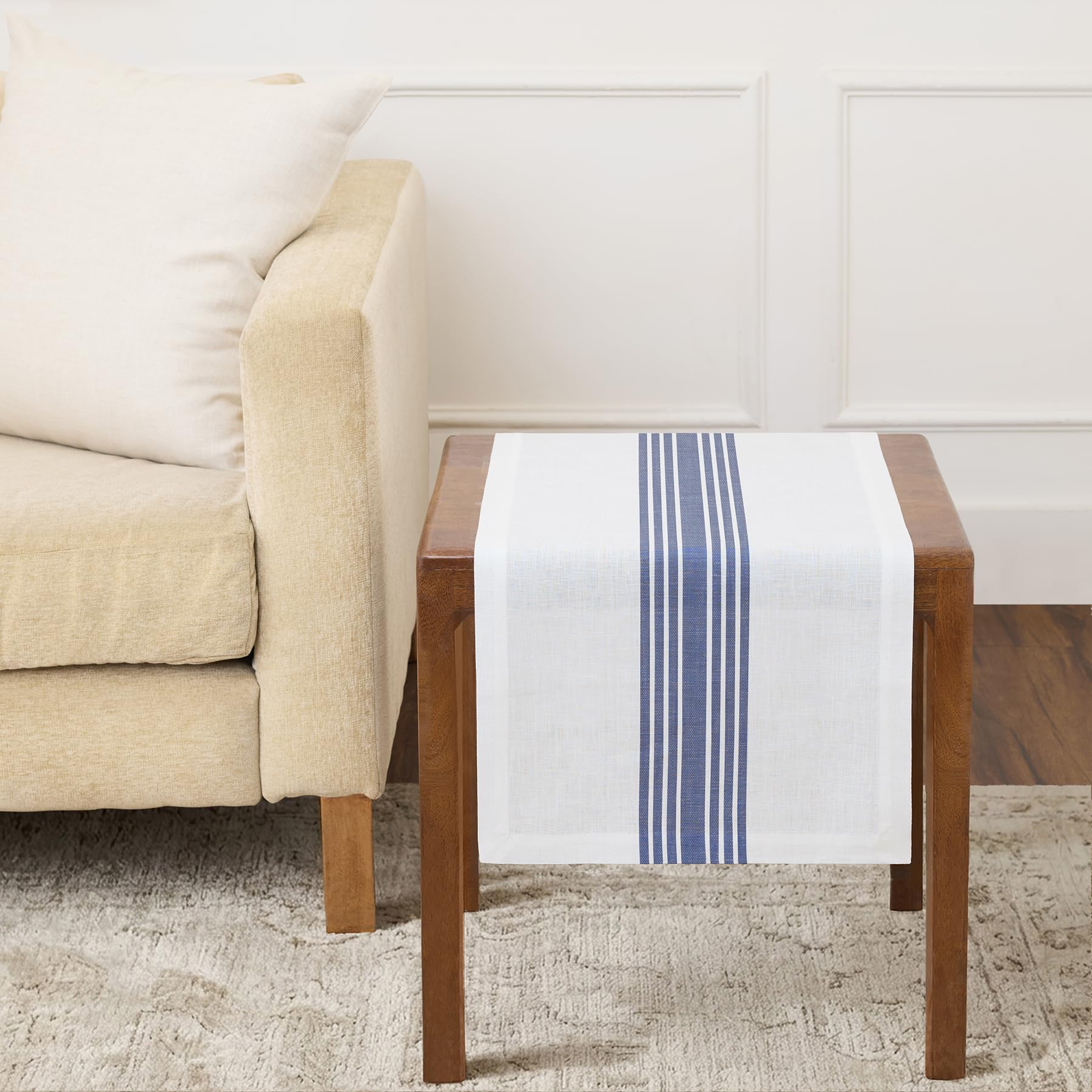 Solino Home Stripe Linen Table Runner 36 Inches - 100% Pure Linen Navy and White Farmhouse Table Runner 14 x 36 Inch Ideal for Dresser and Coffee