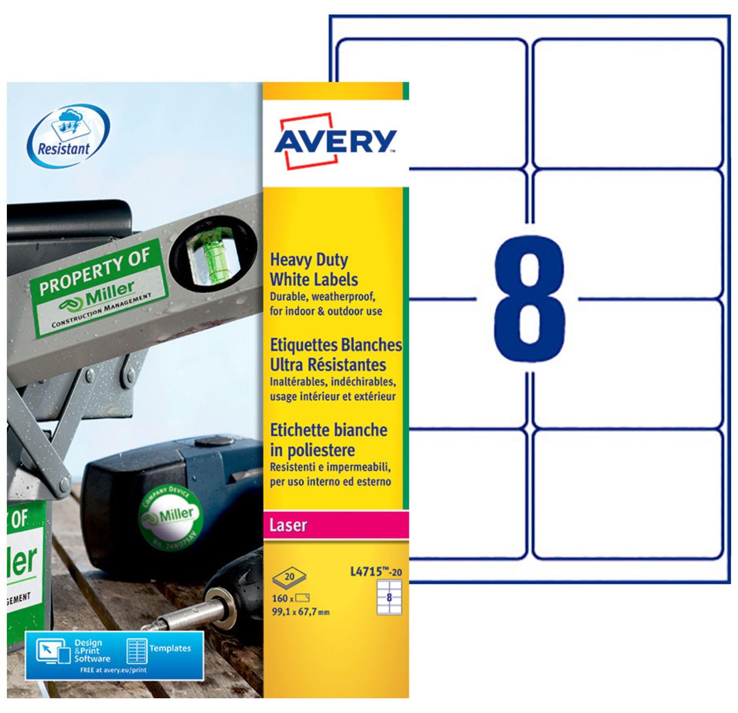 AVERY - 160 Étiquettes Ultra-Resistantes Personnalisables Polyester - Format 99,1 x 67,7 mm - Impression Laser