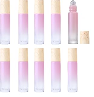 10 Pcs Gradient Color Glass Essential Oils Roll on Bottles,10ml Refillable Massage Roller Bottles Perfume Bottle with Wood Grain Cap Empty Travel Roller Essential Oils Vials(Pink