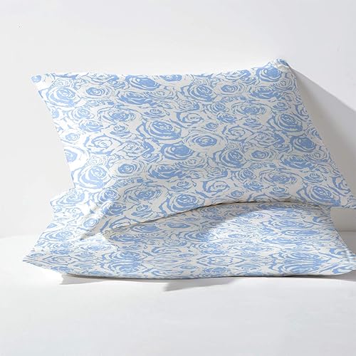 Miniatura 3 de Juego de sábanas de flores tamaño King, sábanas florales azules, sábanas y fundas de almohada estampadas de 4 piezas, sábana bajera ajustable de