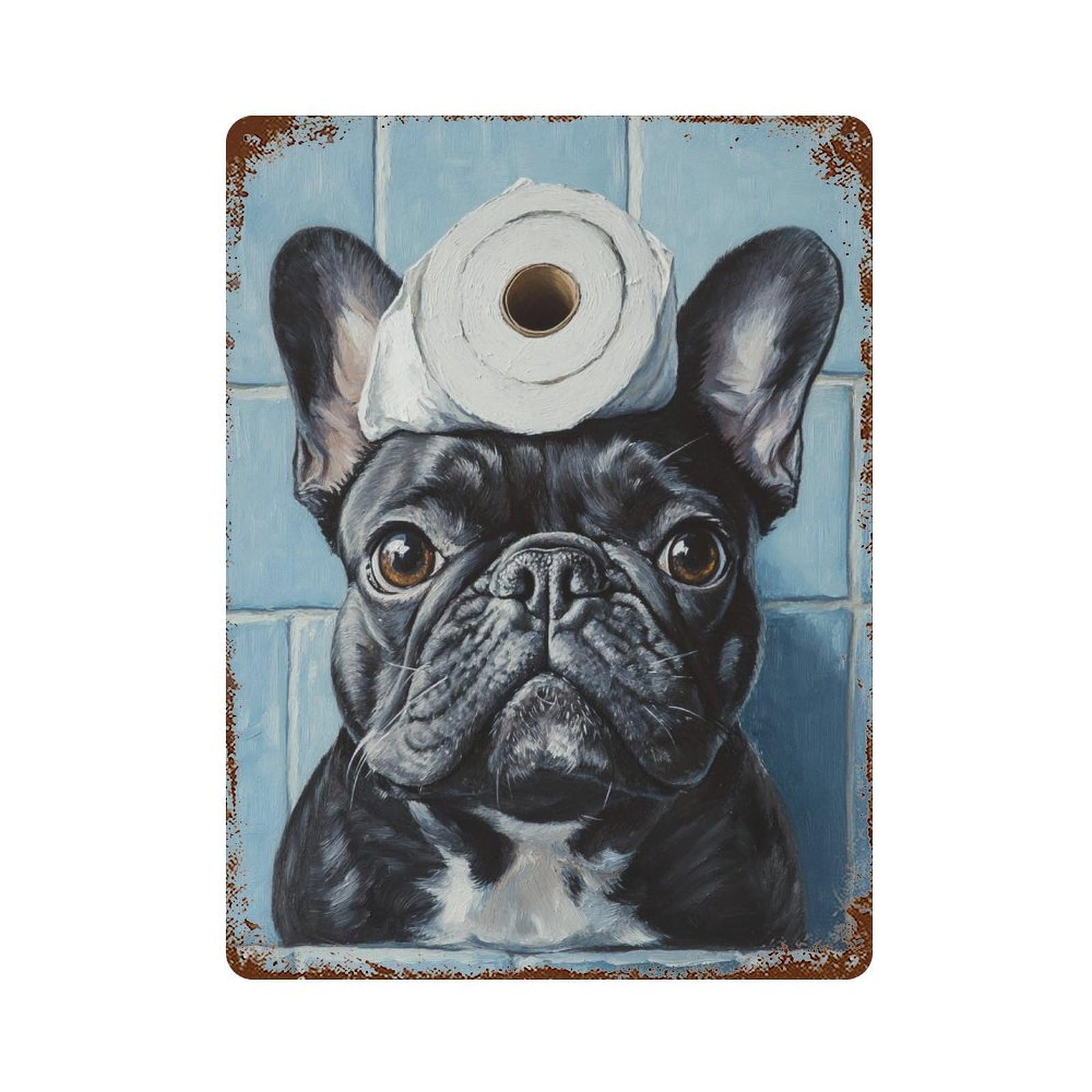 French Bulldog with Toilet Paper-9 15.7"x11.8" Retro Metal Sign, Shabby Chic Decor for Garage, Bar And Workshop Decor