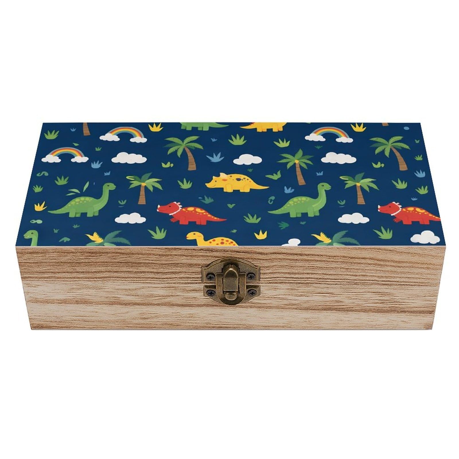 SMAZDFXX Rainbow Cute Dinosaurs Wooden Storage Box With Hinged Lid Decorative Front Clasp Keepsake Boxes