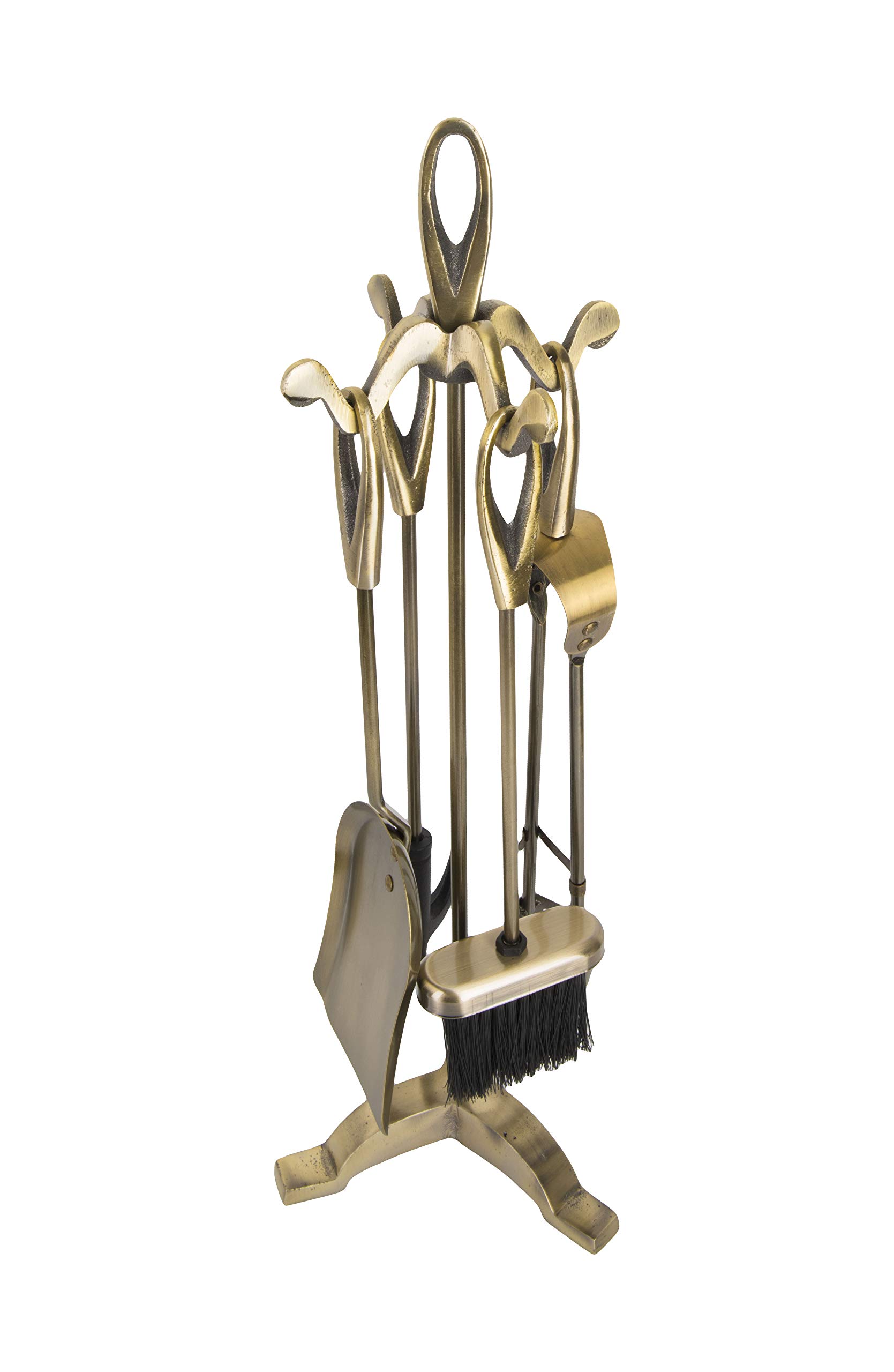 ADGO Ofengeschirr kamin Antique 21 x 19 cm, Höhe: 61 cm Kaminzubehör set Retro Kaminbesteck 5-teilig: Poker, Pinsel, Schaufel, Zange, Ständer, Farbe: Geschliffenes Gold
