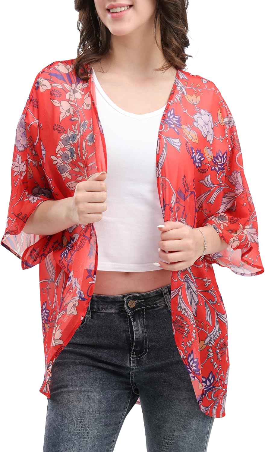 Women's Floral Print Puff Sleeve Kimono Cardigan Loose Cover Up Casual Blouse Tops - Image 2
