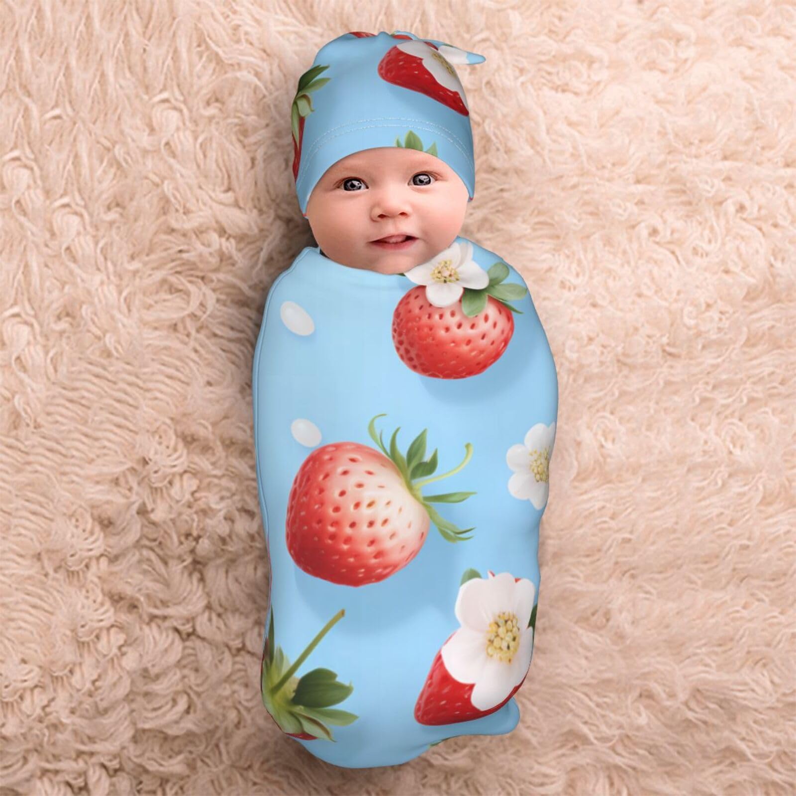 3D Truskawkowy koc i czapka dla noworodków, przytulny szal dla niemowląt, malucha, komfort, 29 x 53 cm