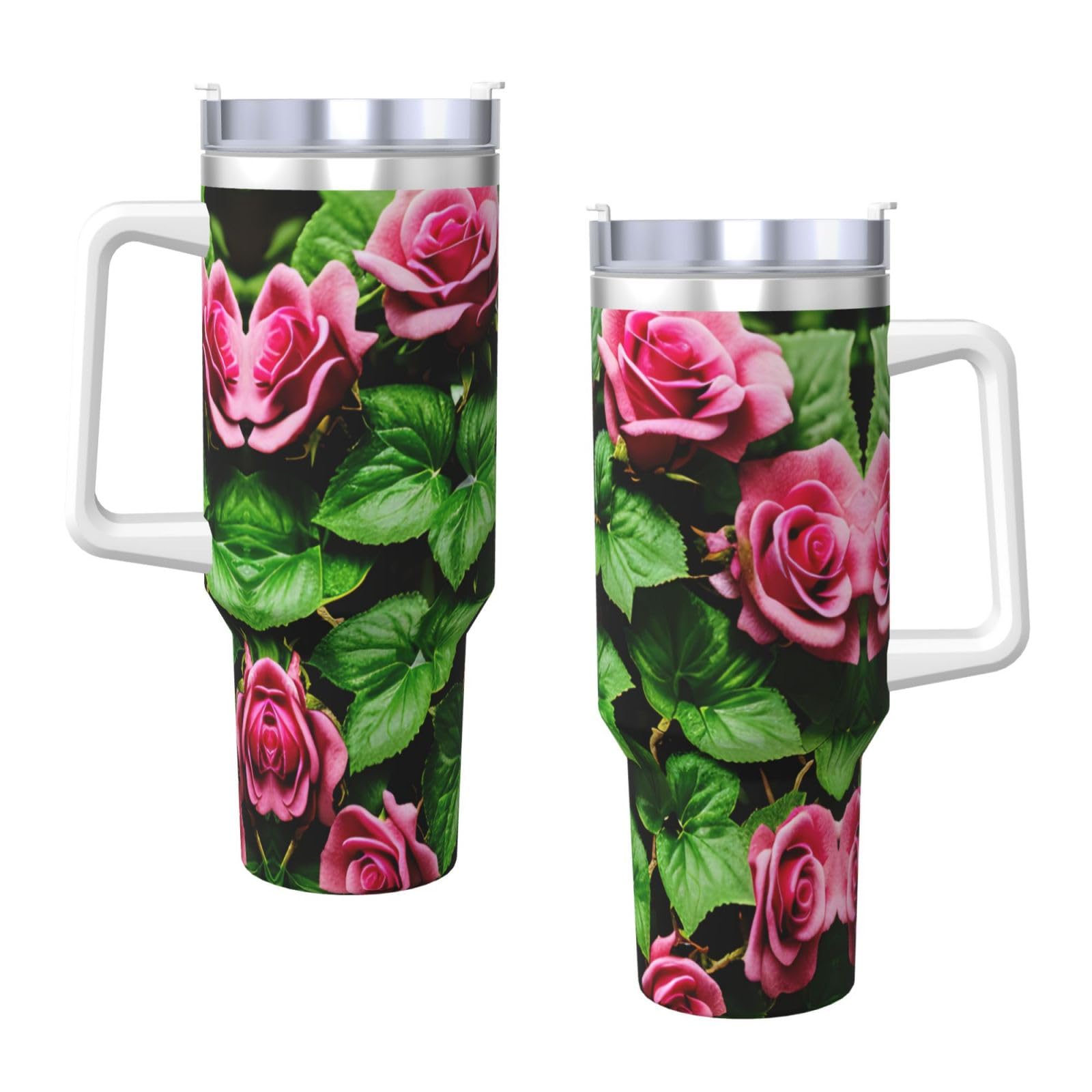 Trinkflasche mit Blumen-Rosen-Efeu mit Blättern, Edelstahl, doppelwandig, isoliert, mit Griff und Strohhalm-Deckel, 1,2 l