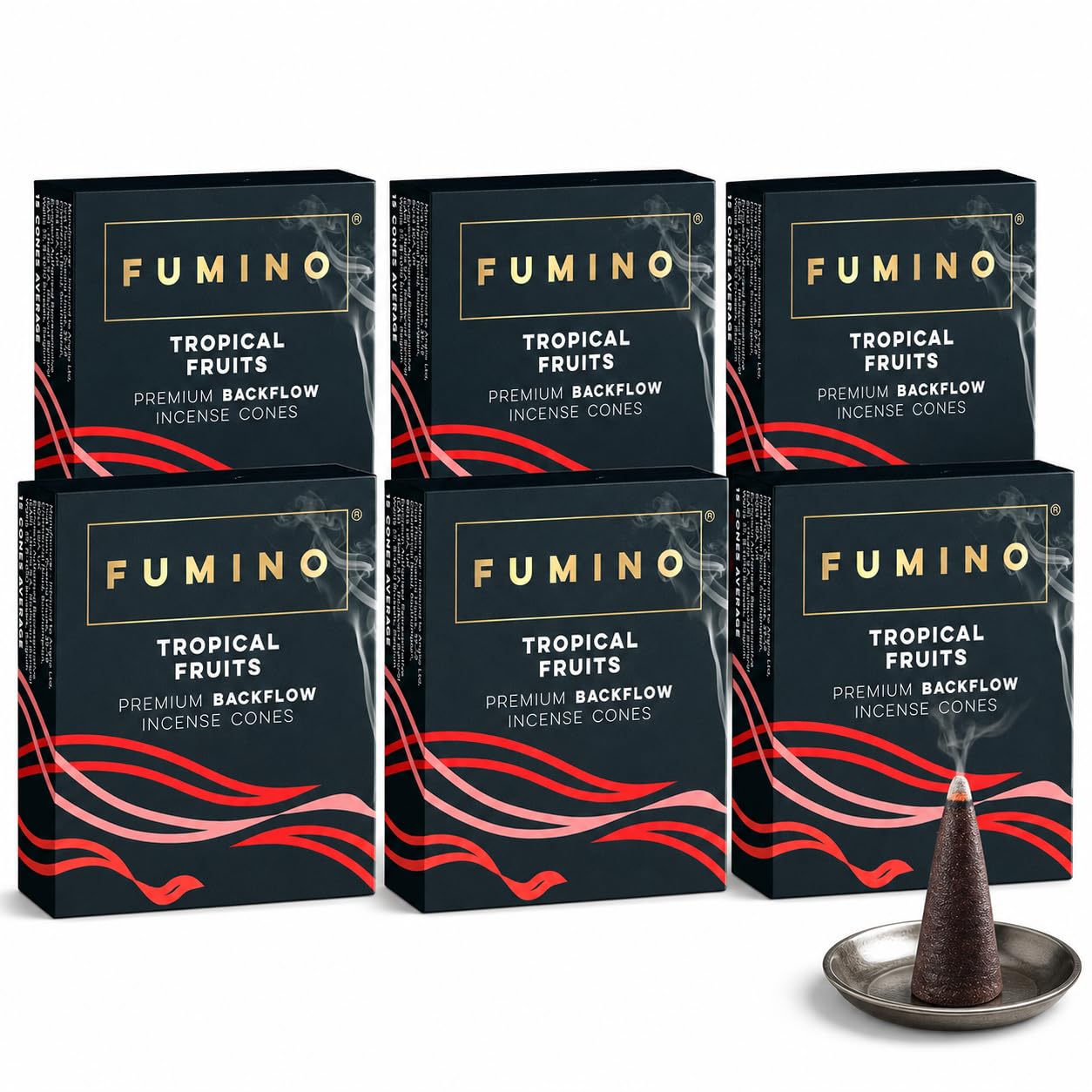 Fumino Tropical Fruits Backflow Incense Cones 90 Pack 6 Boxes - Natural Masala Cones for Waterfall Cascade Smoke & Meditation, Sweet & Fruity Scent, Hollow-Core for Backflow Burners
