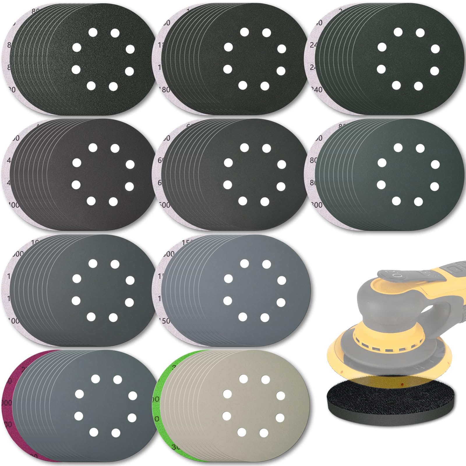 101PCS 5 inch Sanding Discs, 8 Holes Hook & Loop Wet Dry Sandpaper Orbital Sander Pads 80 180 240 400 600 800 1000 1500 2000 3000 Grit with Foam Pad,