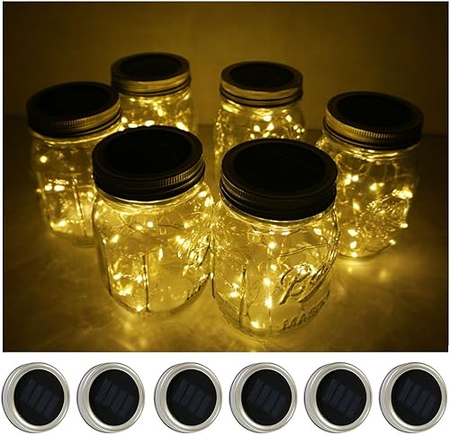 Miniatura 8 de Decorman Luces solares para tapa de tarro de masón, paquete de 6 unidades, 10 luces LED impermeables con diseño de estrella de hadas y luciérnaga,