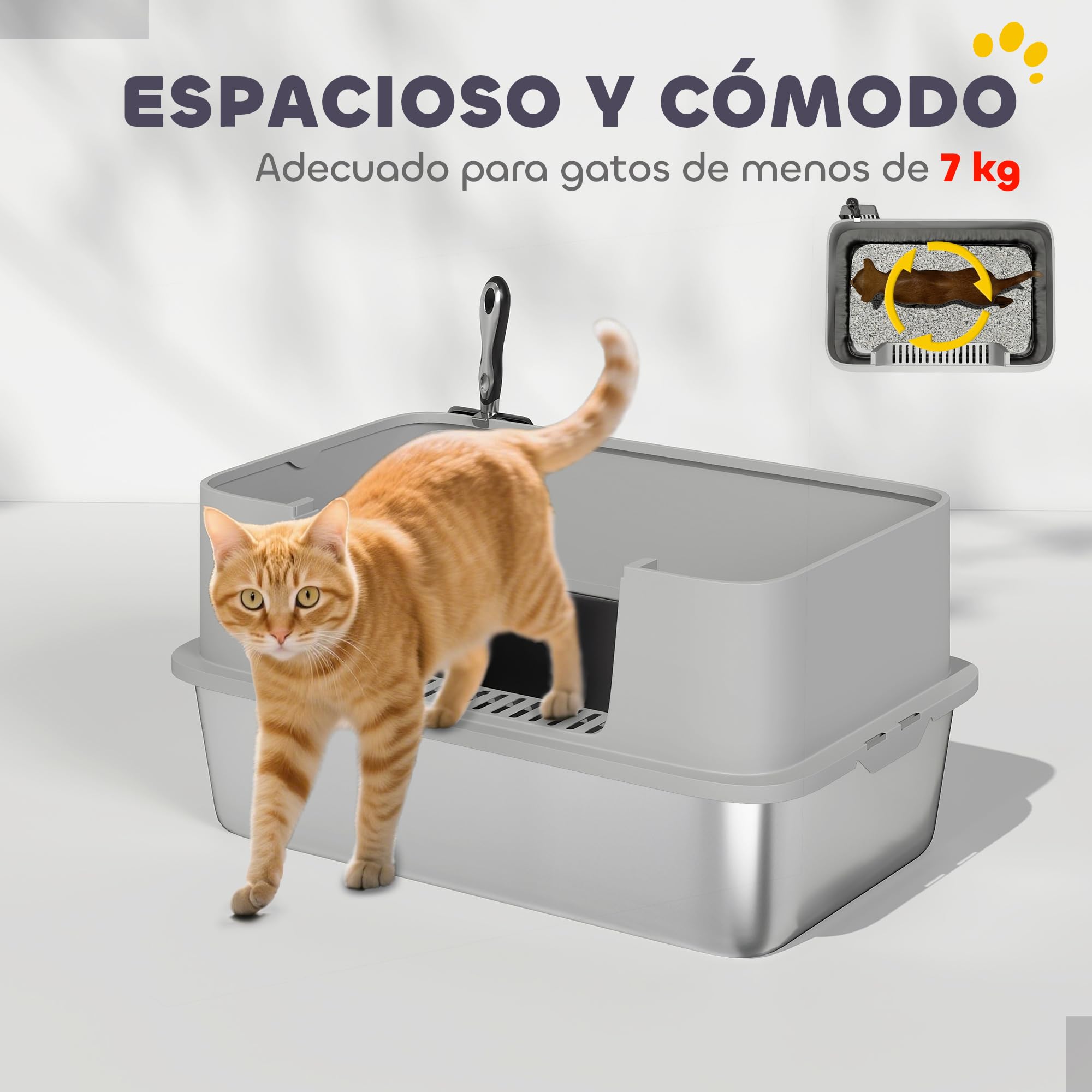 PawHut Arenero para Gatos de Acero Inoxidable XL Pala 60x40x29,5 cm Gris | Caja de Arena para Gatos Arenero, con Borde Alto, Fácil de Limpiar, Prueba de Fugas