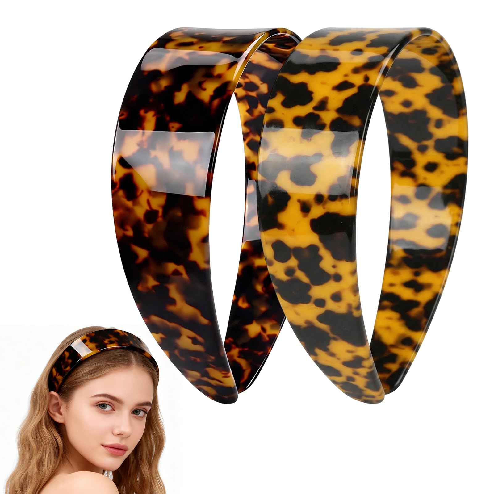 Photo 1 of 2Pcs Thick Tortoise Shell Headband with Teeth for Women, 1.5in No Slip Versatile Wide Acetate Retro Plastic Headbands, Fashion Style Unique for Daily Use (Dark Tortoiseshell+Yellowish Tortoiseshell)