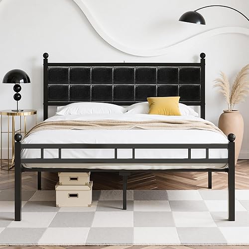 VECELO Base de cama tamaño Queen, cama tapizada con cabecera de piel sintética, soporte de listones de metal fuerte, sin ruido, no necesita somier,