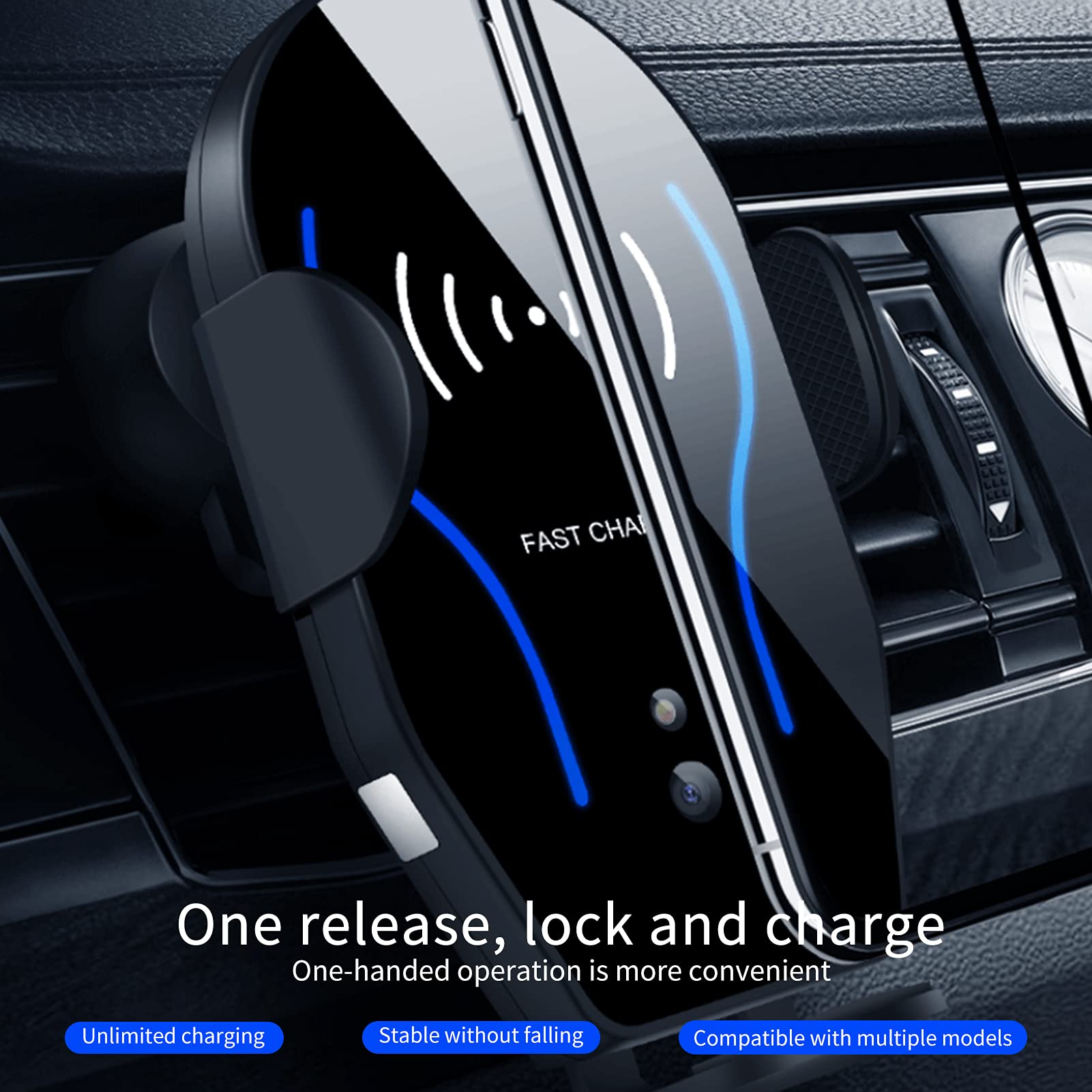 Caricabatterie wireless per auto da 10 W con ricarica rapida Qi, supporto per telefono da cruscotto con sensore di aggancio automatico per bocchetta 'aria, mani libere per una