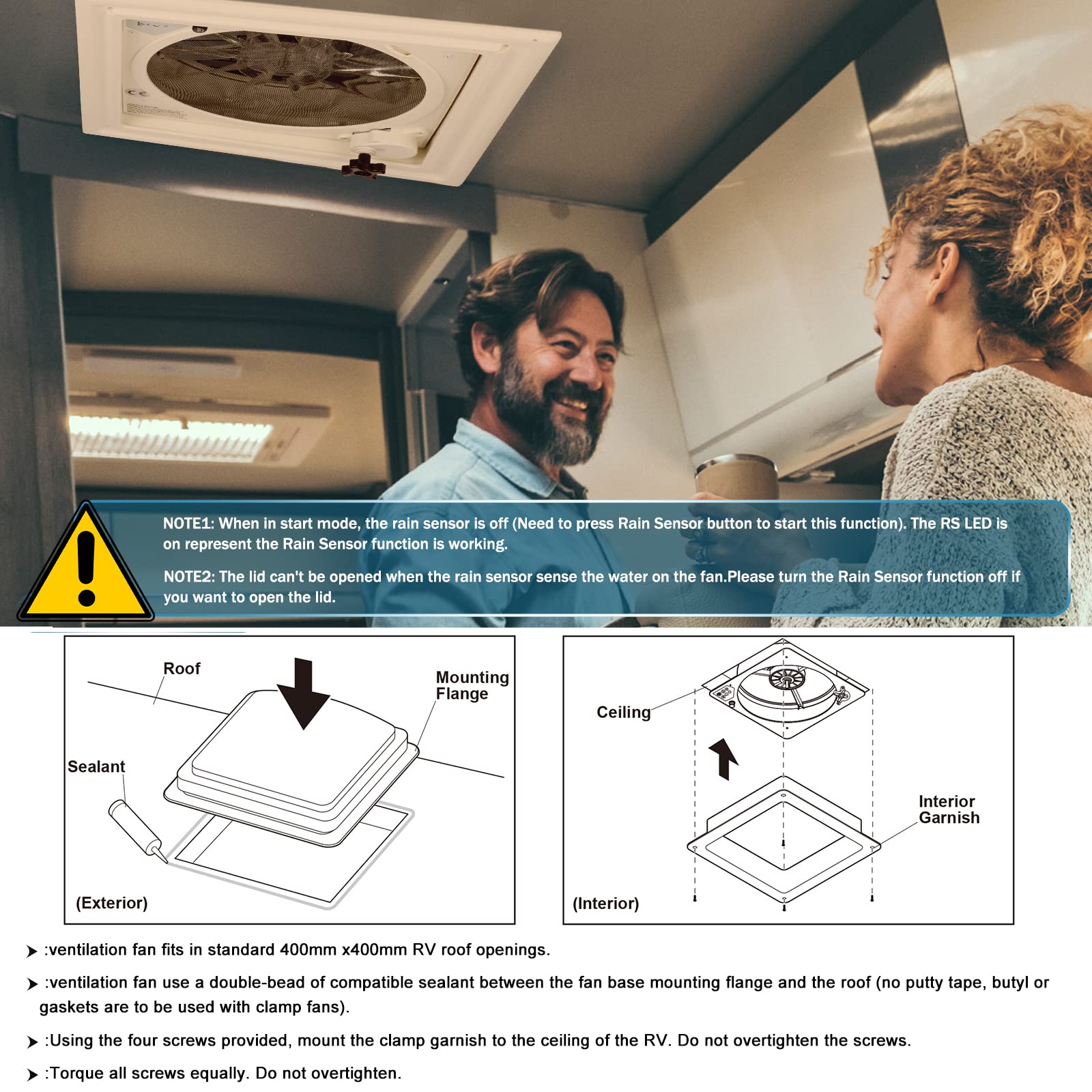 Brolteja Dachventilator für Wohnwagen, 12 V, mit Regensensor, Dachlüftung für Wohnmobile, Öffnungsgröße 40 x 40 cm, Remote-Geschwindigkeiten, reversibel