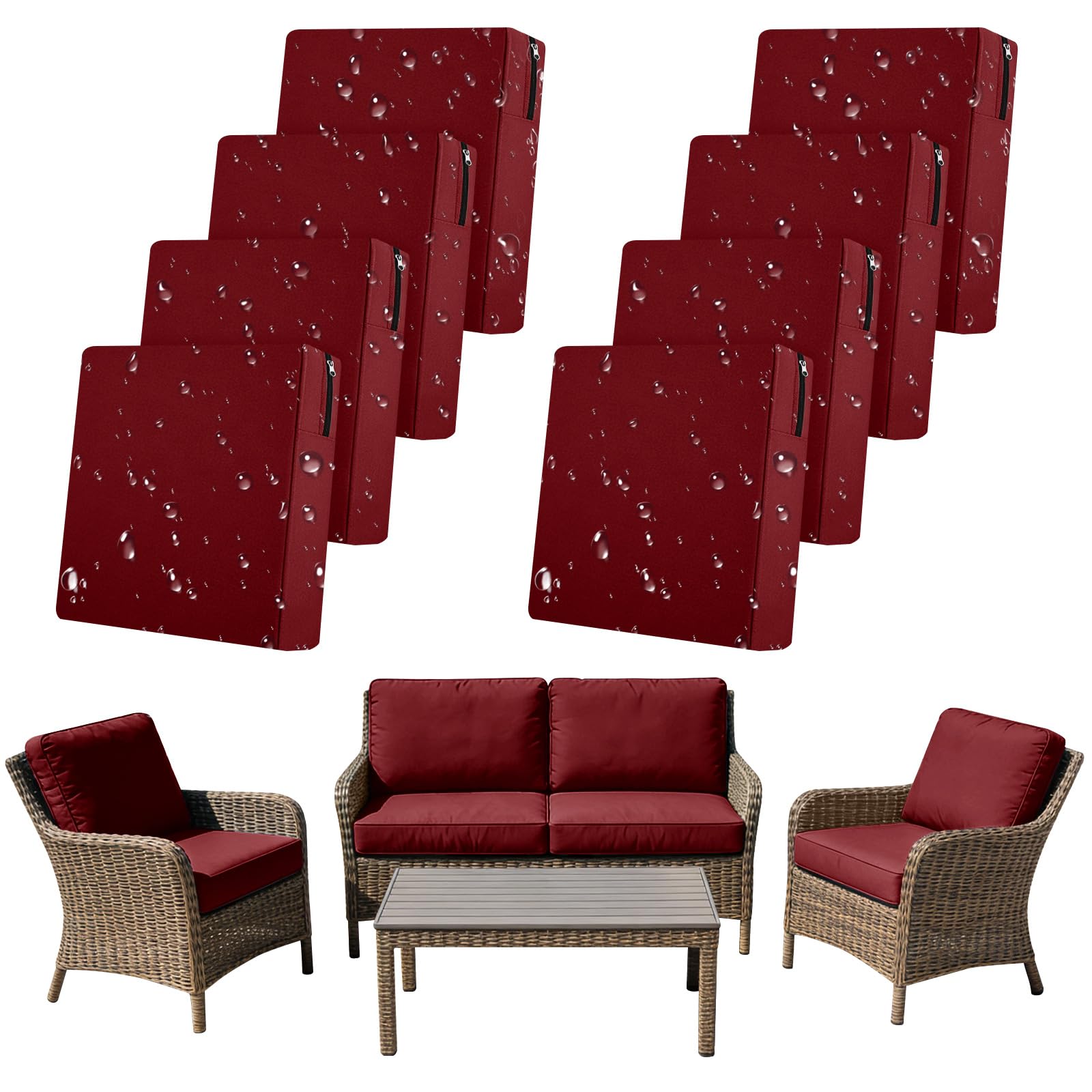 SYLC 8Pcs Outdoor Cushion Covers Waterproof Patio Cushion Covers Replacement with Zipper, Garden Rattan Sofa Seat Slipcovers Furniture Protector (Wine red,4pcs 65×65×10cm＋4pcs 65×33×10cm)
