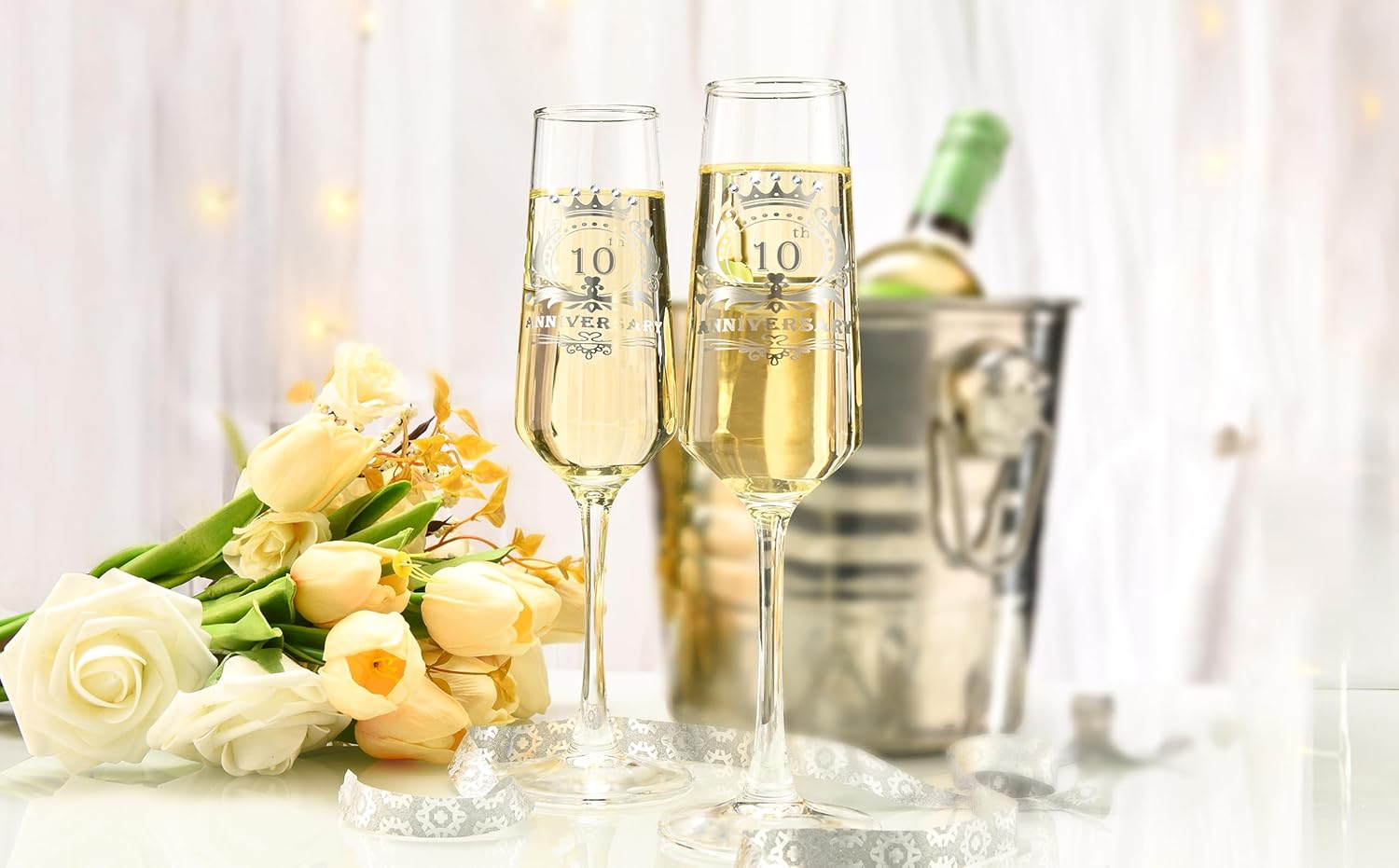 ROXBURGH 10th Wedding Anniversary Champagne Flutes Gifts Set of 2 Rhinestones Studded, 10th Anniversary Decorations 7 OZ Crystal Champagne Glasses, Wedding Gifts, Couples - Image 6
