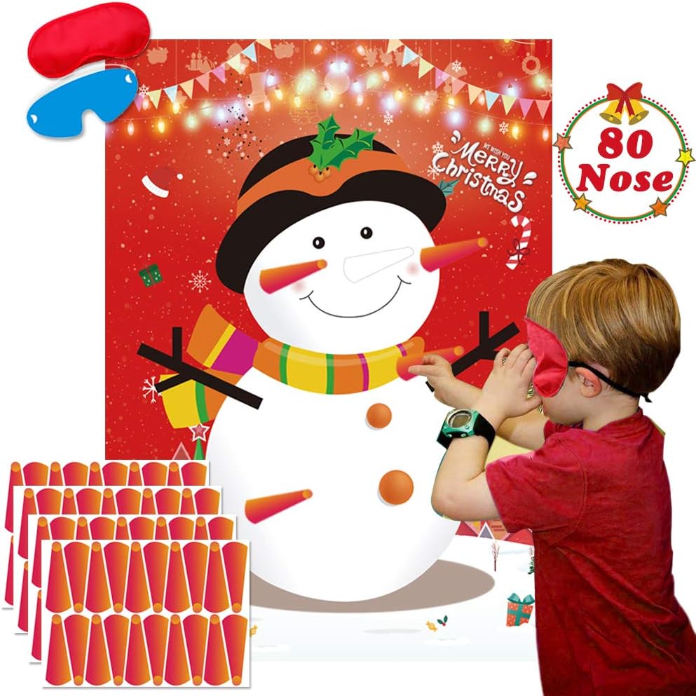 Pin The Nose On The Snowman Games Large Christmas Snowman Games Poster for Kids Christmas Snowman Party Decorations Xmas Party Games Supplies - 80 Noses