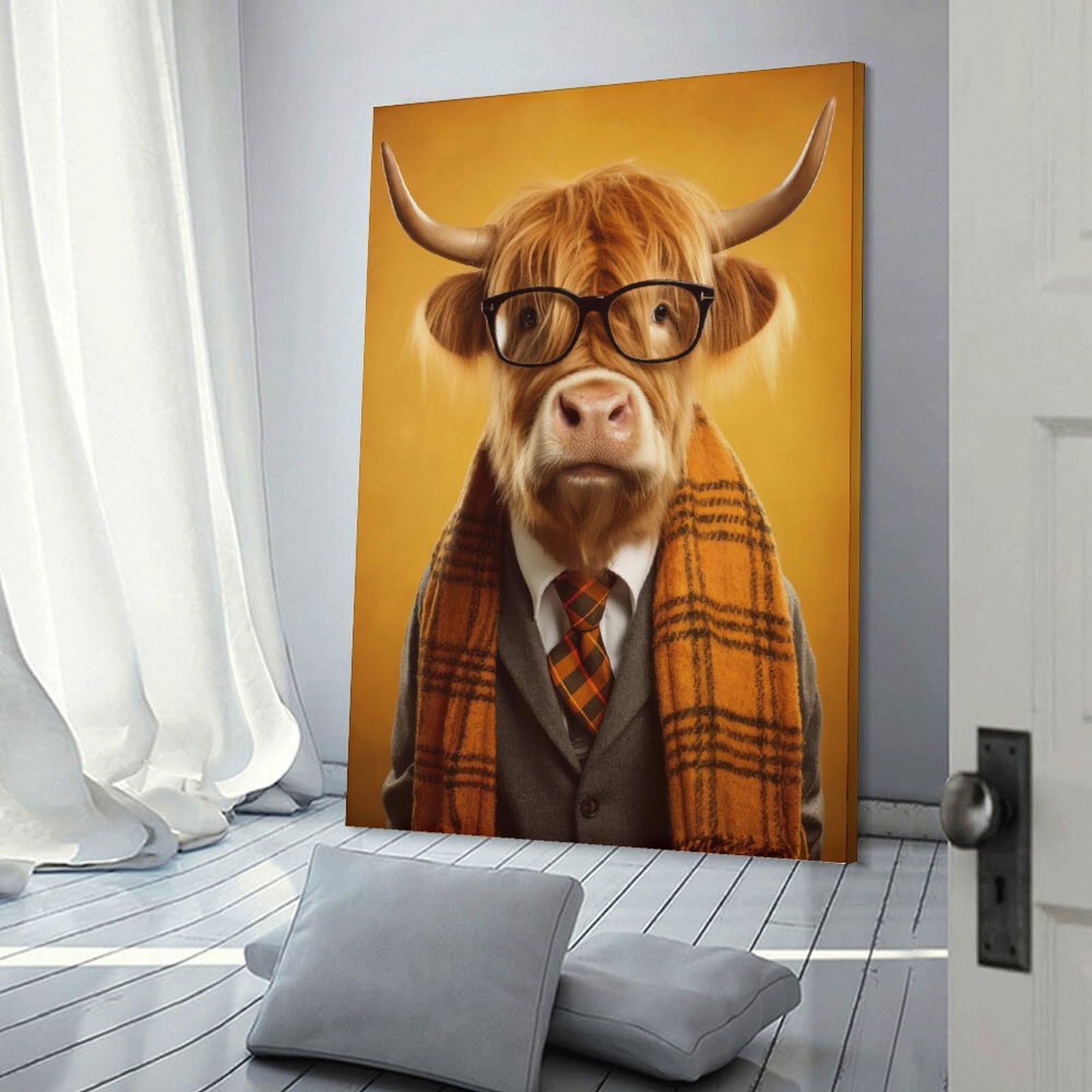 Junmoney Frame-Style-20 Dressed Highland Cow Wall Picture Print, 24X36inch(60X90cm), For New Homes, Bedrooms Or Workspaces, Thoughtful Wall Decor For Art Lovers
