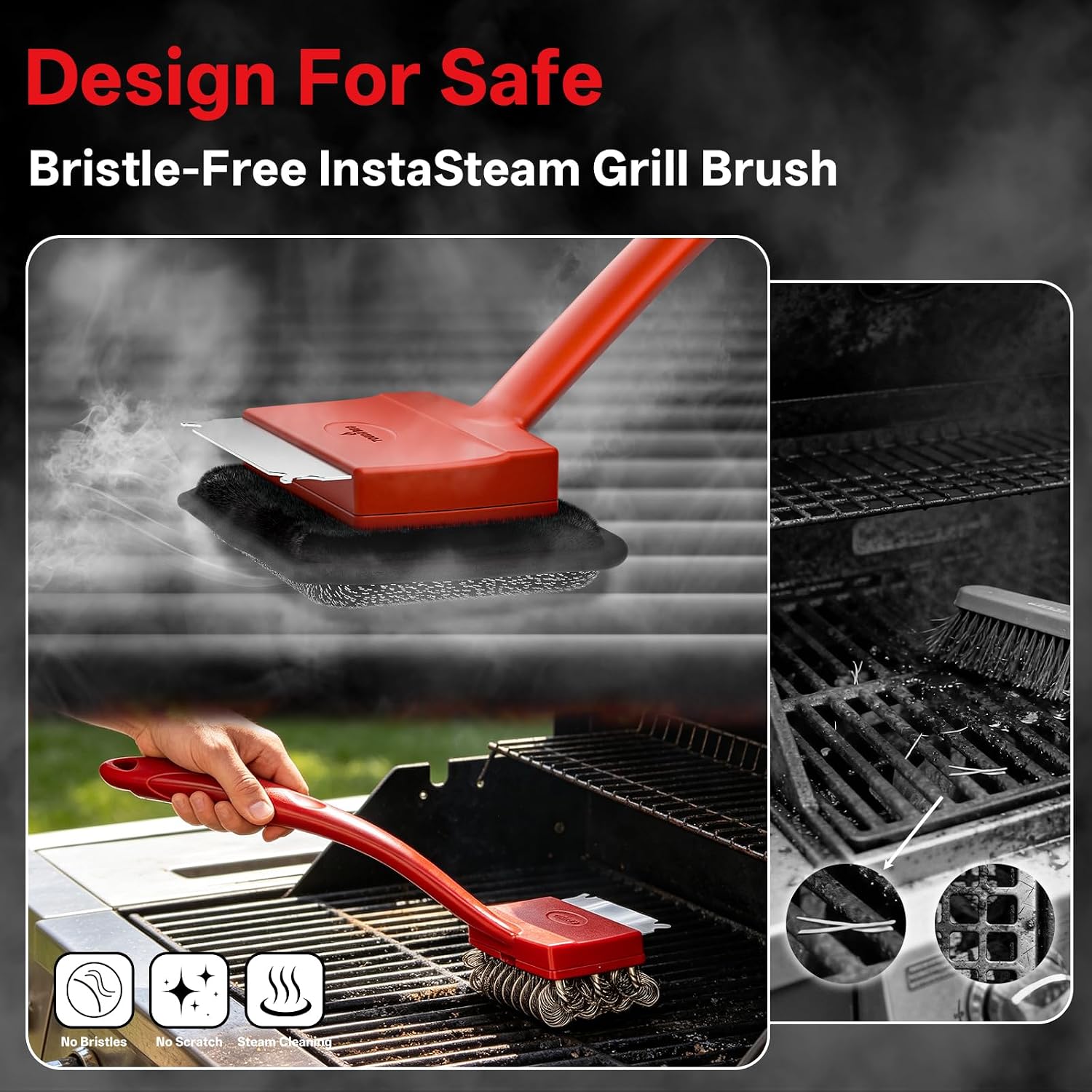 Grill Brush Bristle Free, Unique Seamless-Fit Scraper, Safe Steam BBQ Grill Cleaner Brush with 3 BBQ Replacement Head for Cast Iron, Stainless Steel Grates, Safe Grill Scraper Outdoor BBQ Grill ﻿ image 2