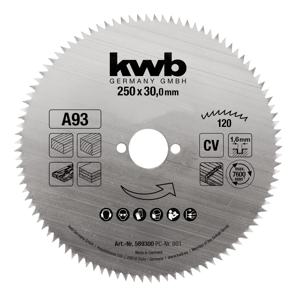 kwb Lama per sega circolare 250 x 30 mm, Made in Germany, taglio preciso fine, lama adatta per pannelli in legno, legno profilato e legno morbido