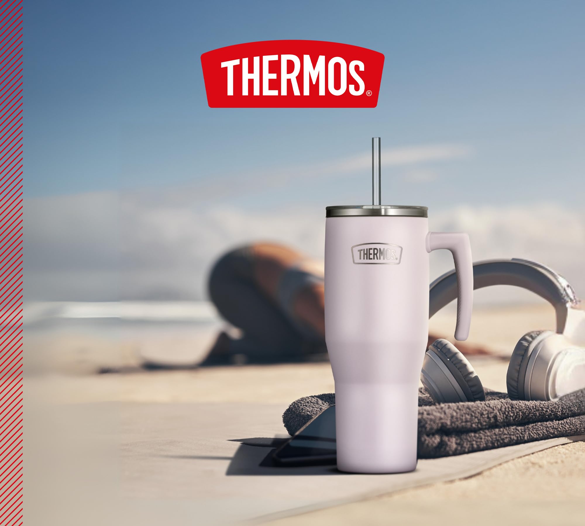 Thermos REFRESHING SERIES - Gobelet isotherme - 1,1 l - Lavande mat - Gobelet avec paille et poignée - Pour les déplacements, le travail ou la maison - En acier inoxydable - Double paroi neutre au