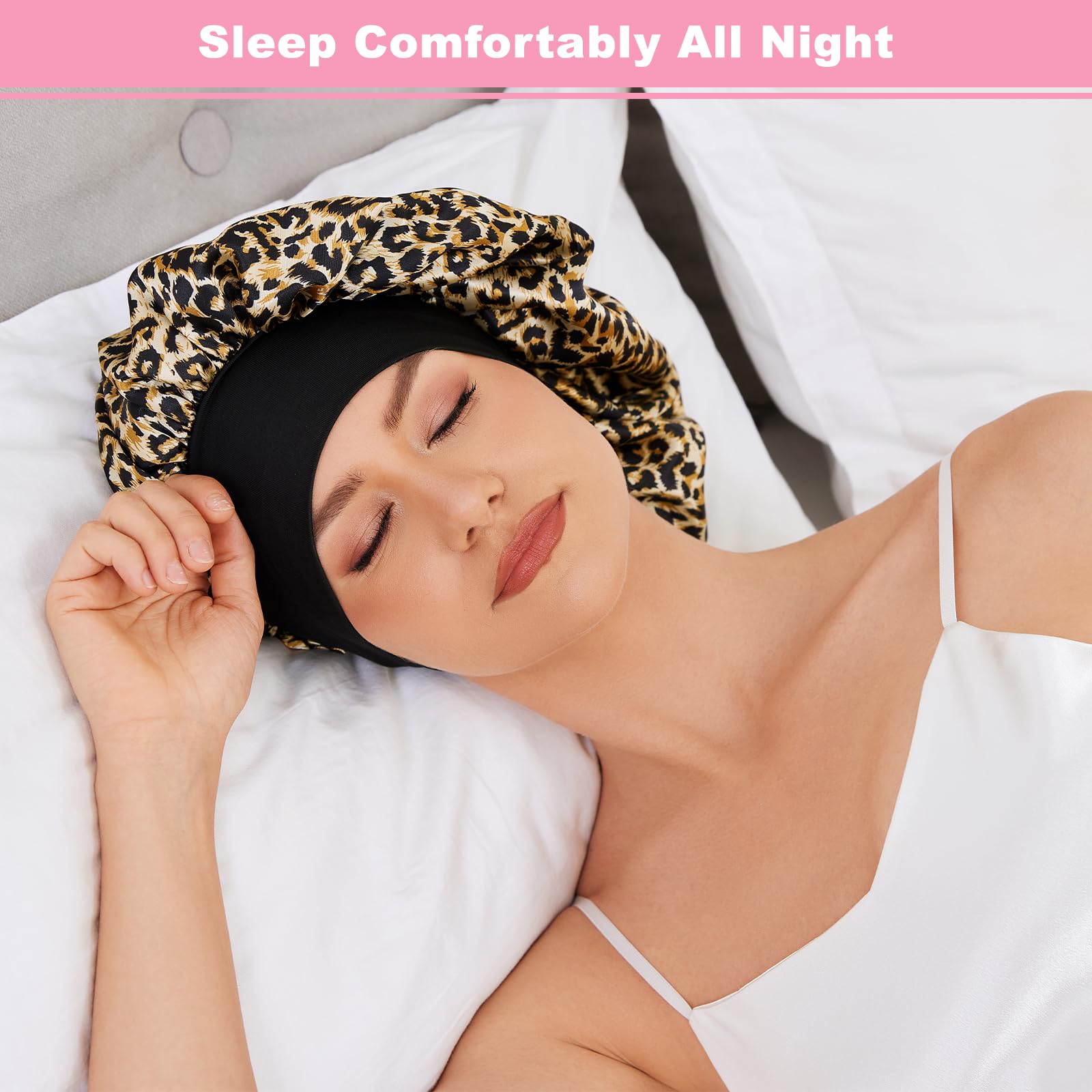 Condition photo showing New/Like New for 3PCS Silk Sleep Bonnet for Women, Large Satin Hair Caps with Elastic Band for Curly Hair and Frizz Control