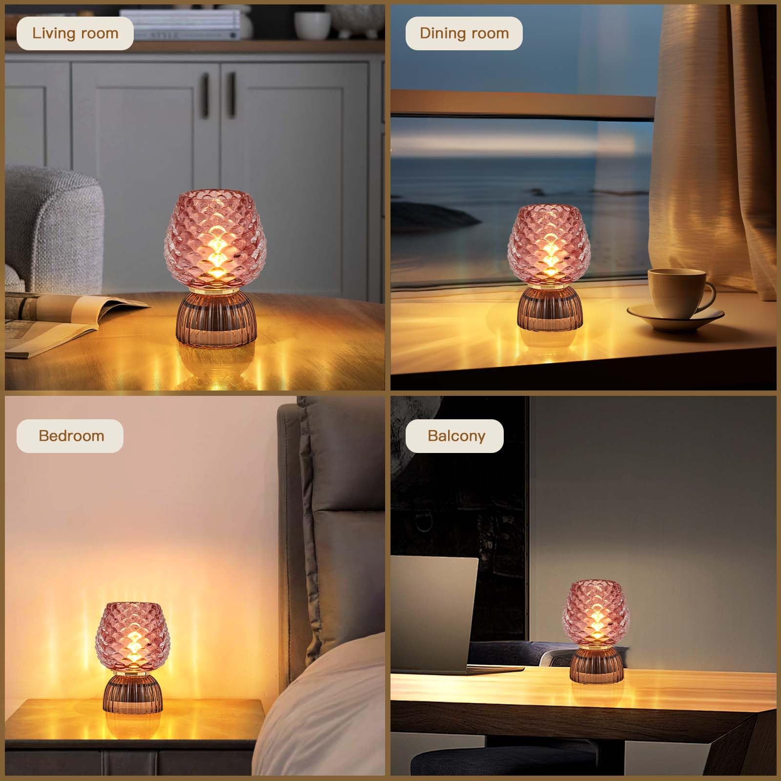 Lámpara a pilas con temporizador, pequeña lámpara de mesa de cristal inalámbrica para decoración del hogar, dormitorio, luz ambiental, regalo de vacaciones, hongo, pincone, rosa 8