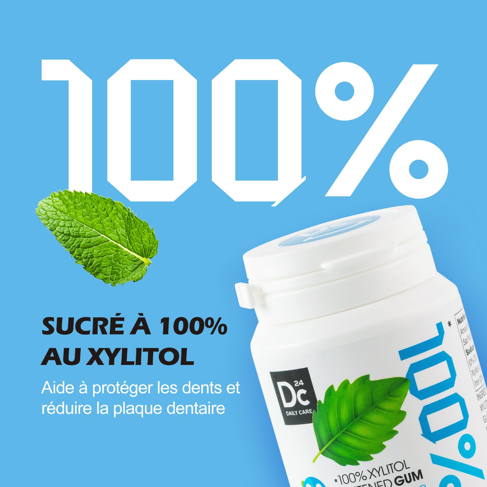 DC24 DAILY CARE 100% Xylitol Gum, sans aspartame, chewing-gum à la menthe poivrée sans sucre, 60 pièces, paquet de 2