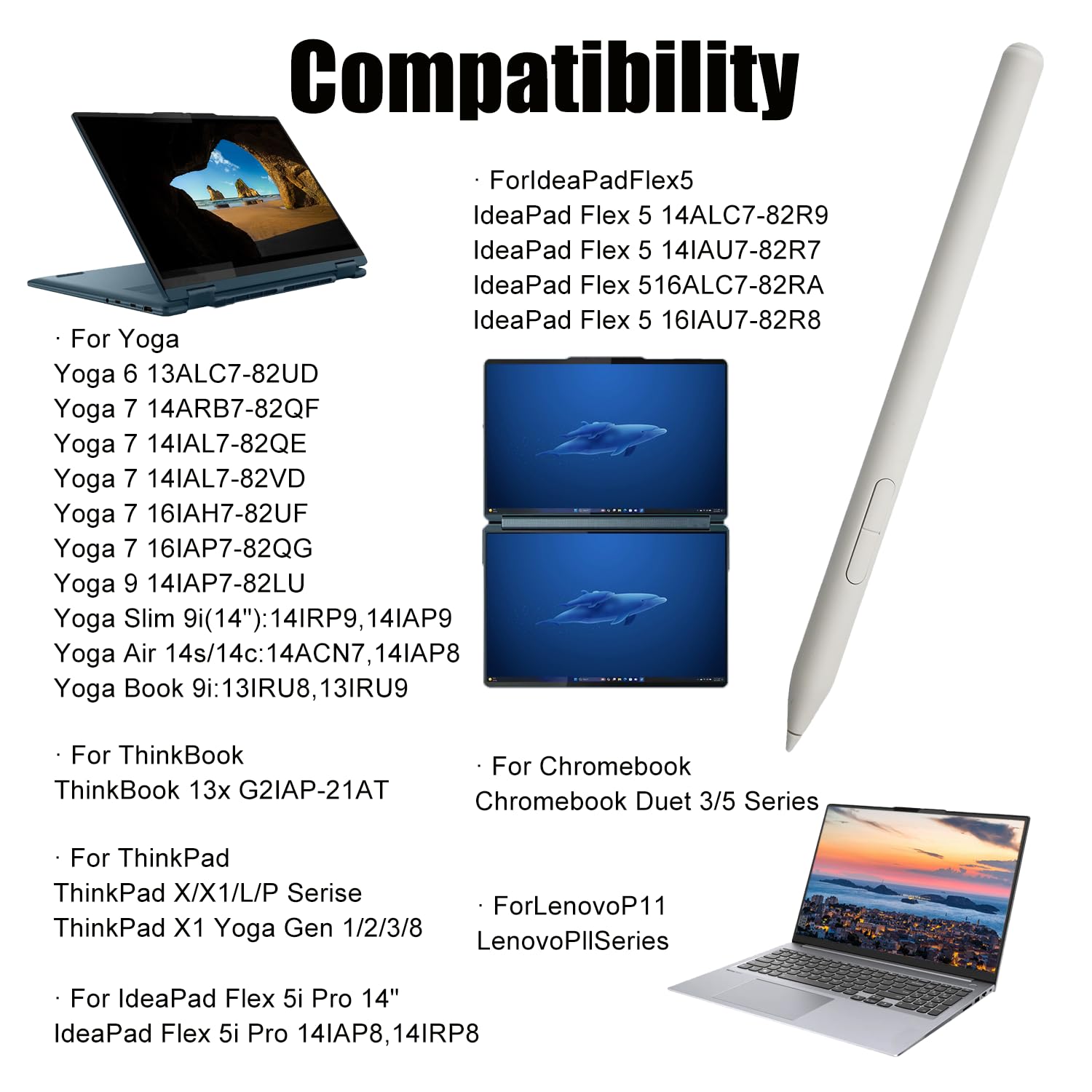 Stylet pour Lenovo Yoga Pen (4X81Q95846), WE05/US501/US502 compatible avec Yoga 6/7i/9i/Book 9i, ThinkPad, ThinkBook, IdeaPad Flex, Chromebook Duet 3/5, blanc