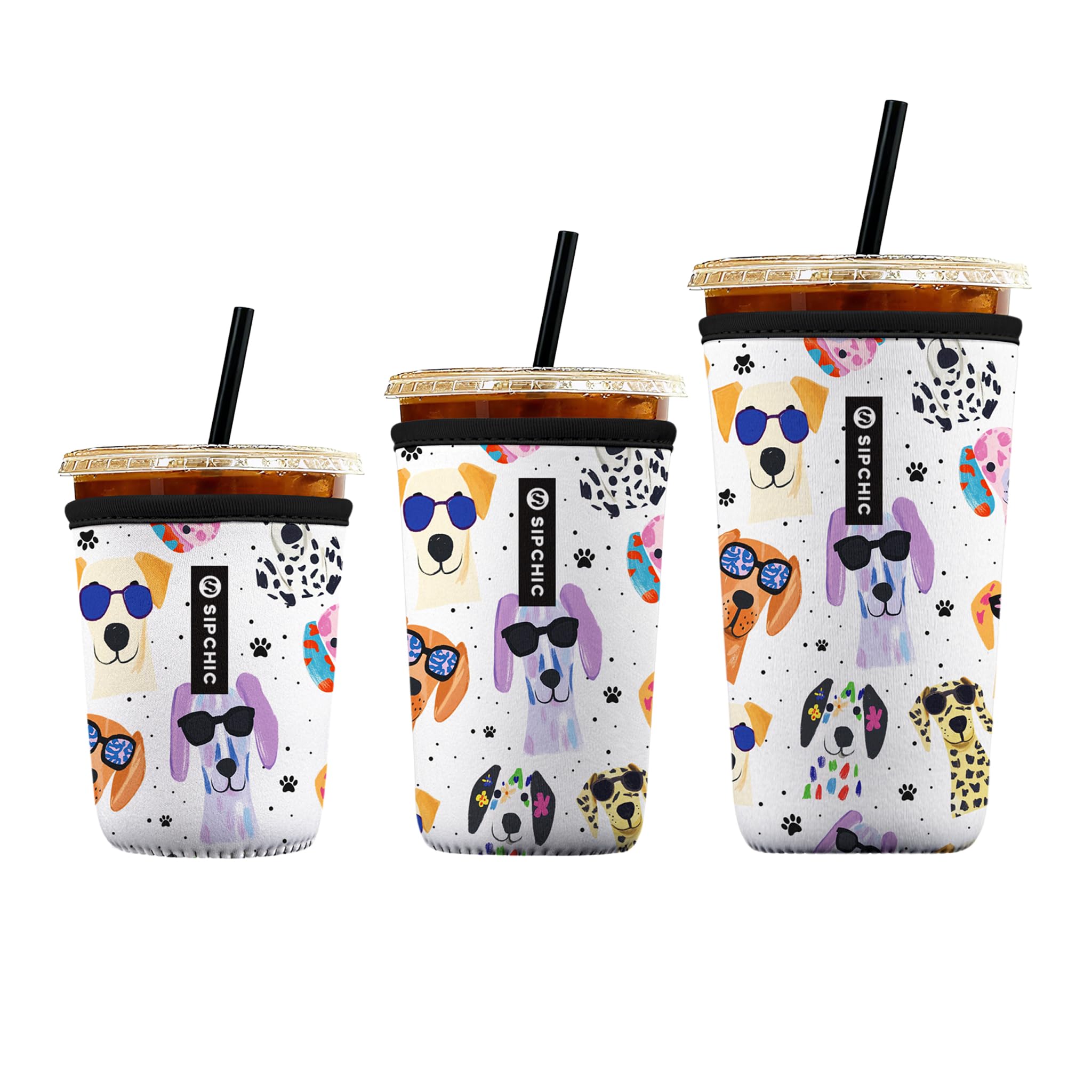 Iced Coffee Sleeve – Neoprene Reusable Cup Sleeves for Drinks, Insulated Drink Sleeves to Keep Hands Dry &amp; Drinks Cold, Stylish &amp; Durable Coffee Sleeves (Puppy Shades, S/M/L 3-Pack)