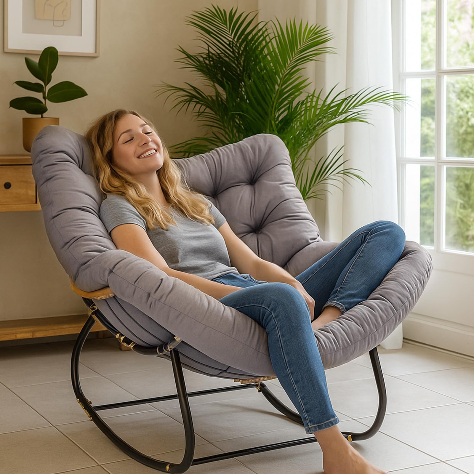 Übergroßer Schaukelstuhl mit Extra Dickem Sitzkissen – Breiter Schaukelsessel mit Ergonomischer Wippfunktion, Bequemer Loungesessel für Innen & Außen, Wohnzimmer, Terrasse (Dunkel Grau)