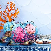 Vista 6 de Frienda 12 bolsas con cordón para fiestas oceánicas, mochila bajo el mar con criaturas para niños, suministros de fiesta de cumpleaños en el océano