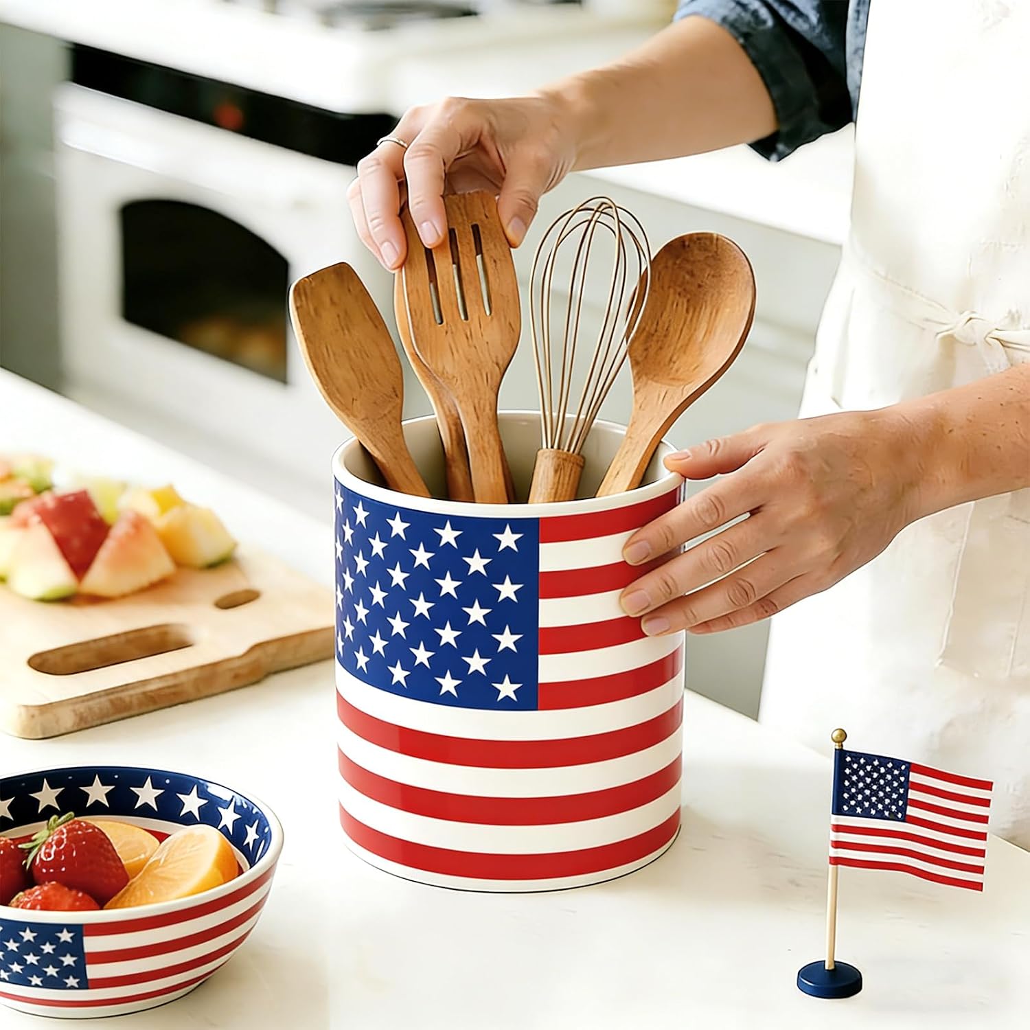 Whaline Patriotic Ceramic Utensil Holder 4th of July American Flag Utensil Crock for Independence Day 250th Anniversary Home Kitchen Countertop Storage Organizer Container