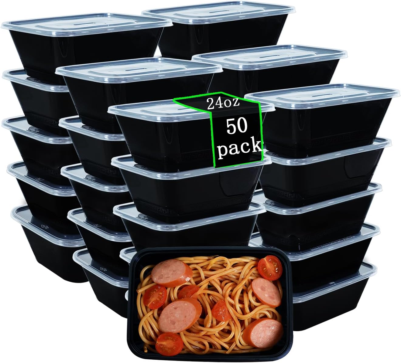 50 Packs 24 oz Disposable Meal Prep Containers with Lids,To Go Take Out Plastic Food Storage, Disposable Takeaway Boxes,Freezer, Dishwasher Safe Prep Containers,