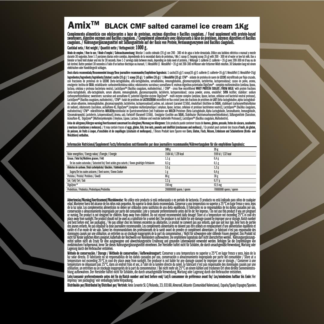 Amix | BLACK CFM ISOLATE Protein - Hilft bei der Erhaltung der Muskelmasse - Mit Verdauungsenzymen - Leichte Verdauung - Schnelle Absorption - Proteinpulver - 1 kg - Karamell-Salzgeschmack