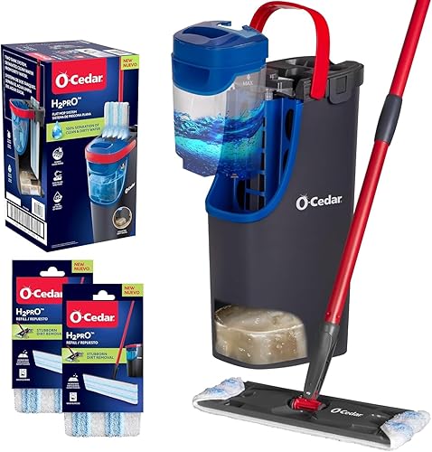O-Cedar H2prO - Sistema de trapeador plano con 2 repuestos de cabezal de trapeador  Herramienta de limpieza rápida  Limpiar con agua limpia