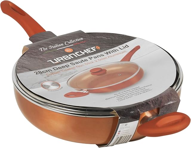 URBN-CHEF 28cm Deep Saute Pan Lidded Non Stick Ceramic Coated Induction Pot Cooking Frying (Copper)