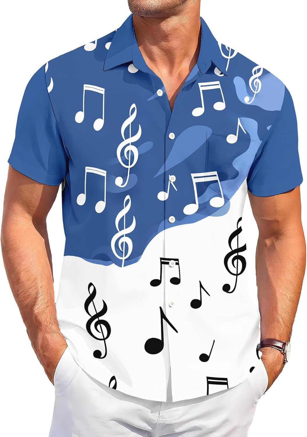 Musical Notes Print Button Down Shirt, Funny Tops, Beach Vacation Music Short Sleeve, Funny Tops - Image 2