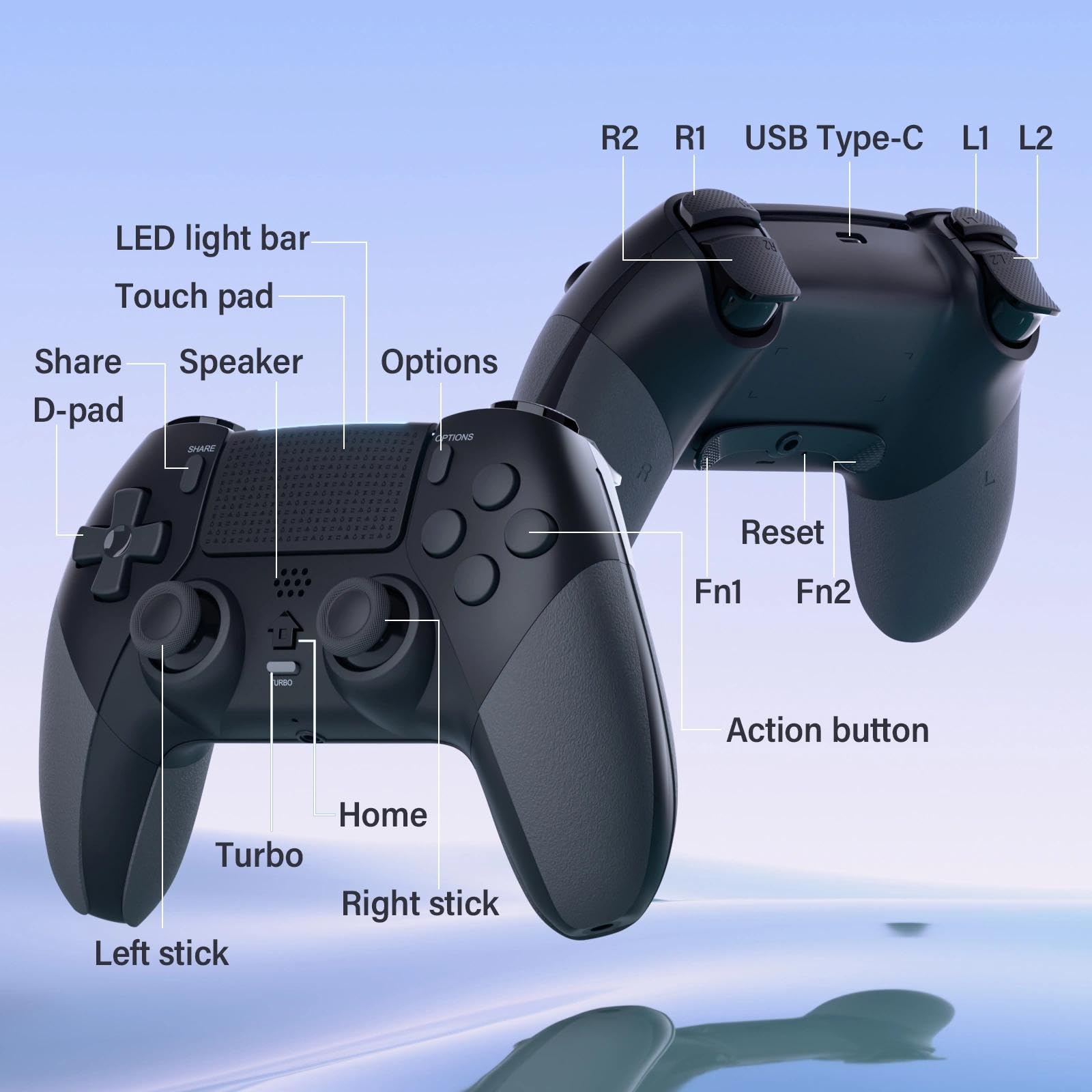 LATEC Controller per PS4 con Bluetooth, Controller Wireless PS4 con 2 Pulsanti Macro Programmabili, Sensore Giroscopico a 6 Assi, Doppia Vibrazione, Touchpad, Nero