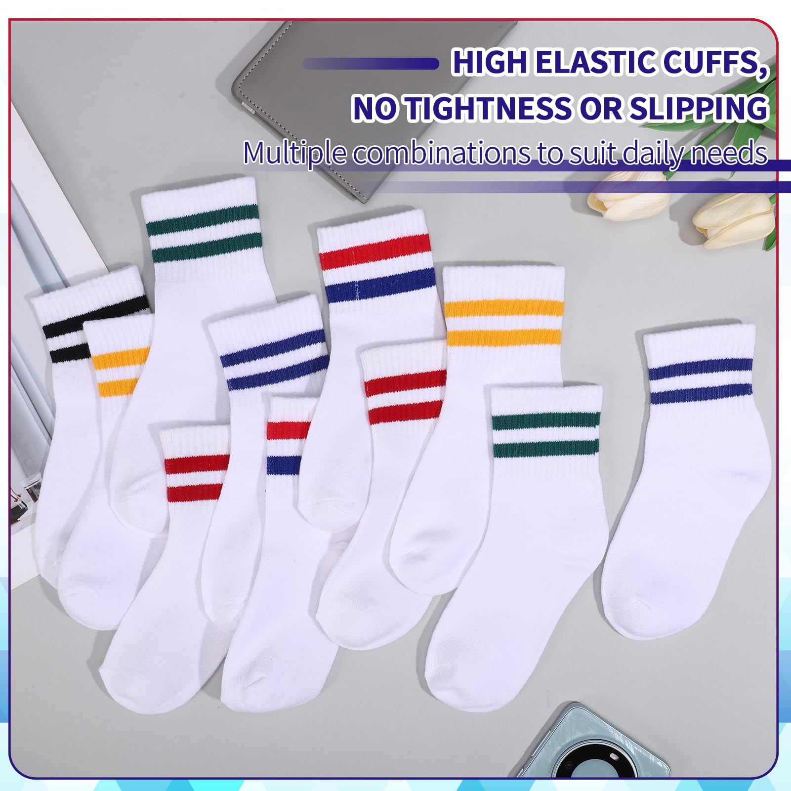 Zuimei 6 Pairs Boys Girls Socks Kids Sport Crew Socks Junior Cotton School Sports Sock, Striped Stretchy Athletic Sock for Girls and Boys 6-12 Years