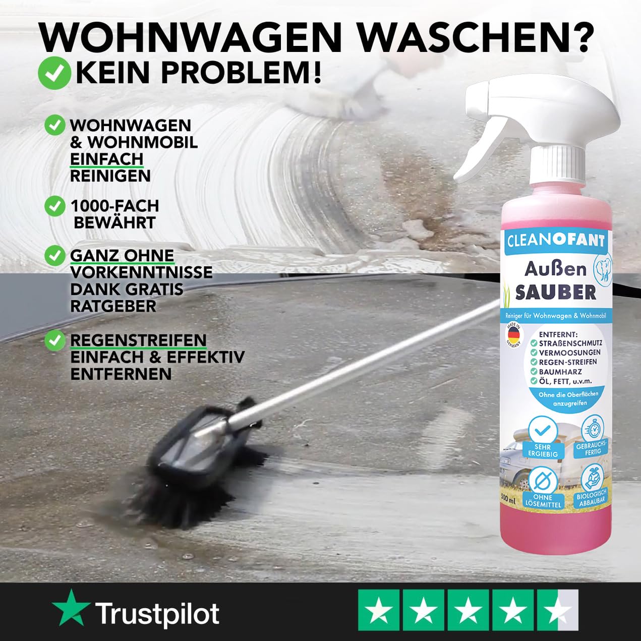 CLEANOFANT Außen-SAUBER | 500 ml + 2,3 Liter | Profi Wohnwagen- & Wohnmobilreiniger - Entfernt mühelos Schwarze Regenstreifen, Insekten & Baumharz - Biologisch abbaubar & Materialschonend