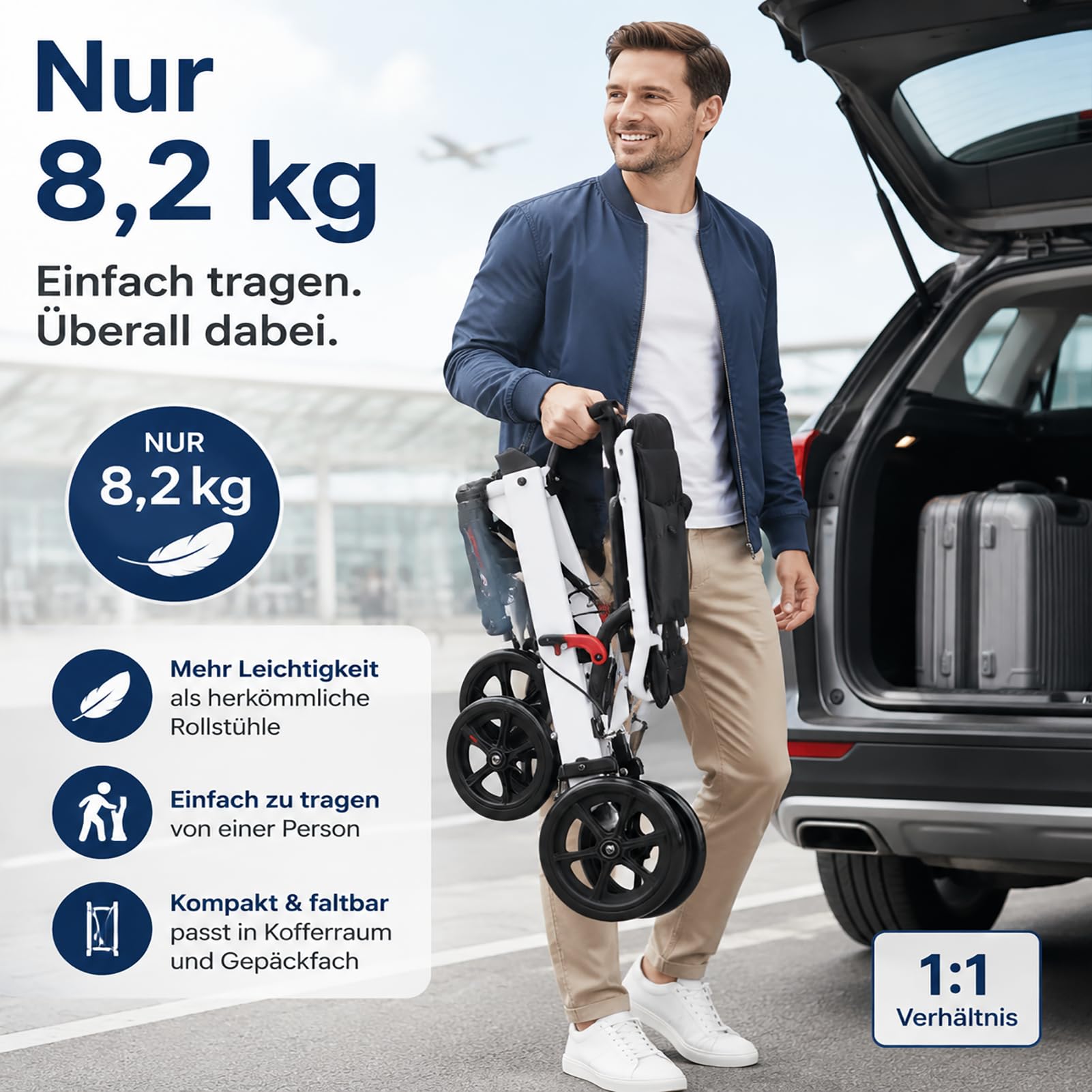 Leichtgewicht Rollstuhl Faltbar | Nur 8,2 kg, kompakt faltbar für Reisen und Alltag. Mit Sicherheitsgurt, PU Rädern und stabilem Carbonstahlrahmen.
