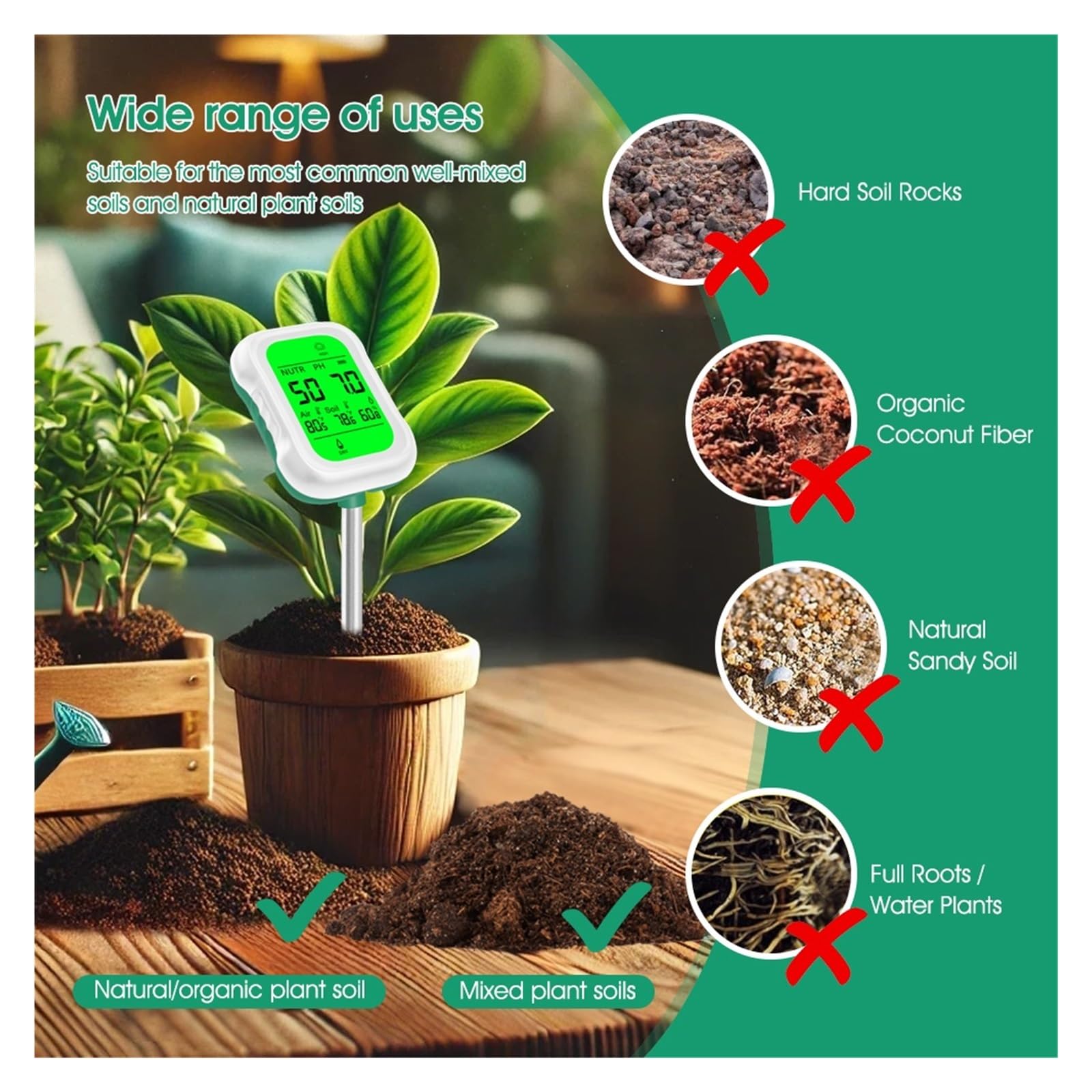Misuratore digitale del terreno 7 in 1, misuratore di umidità, pH, luce, fertilità, temperatura e for piante da giardino, agricoltura fattoria Giardinaggio, Agricoltura