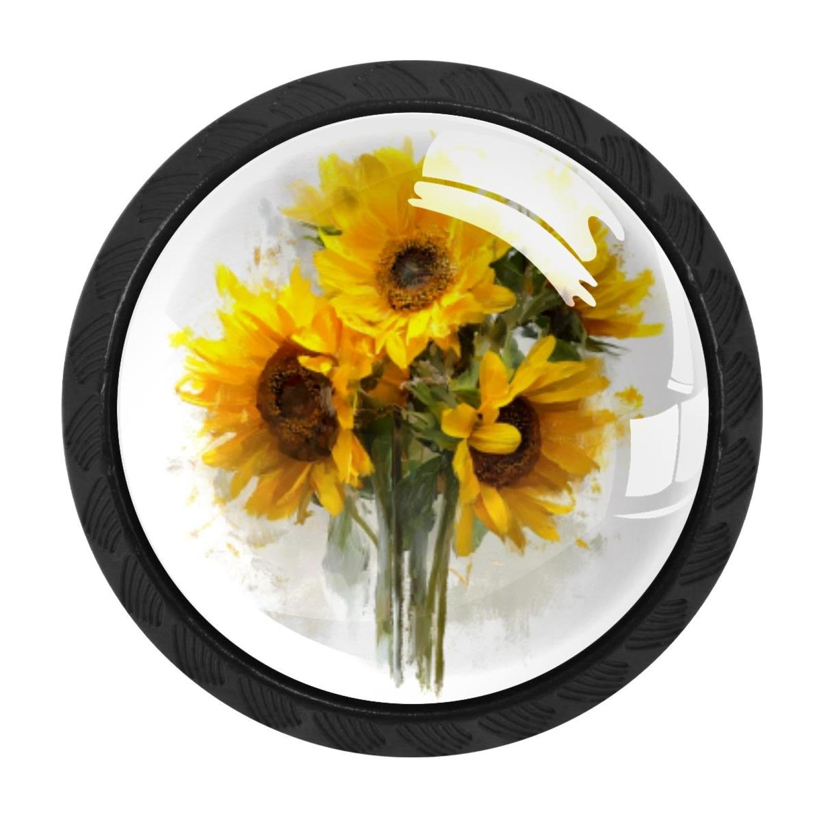 CHENZZZZ 4 Pack Yellow Sunflower Bouquets Kitchen Cabinet Knobs Drawer Knobs Dresser Knobs Matte Black Zinc Knobs Drawer Pulls Door Knobs Dresser Drawer Handles Knobs for Dresser Drawers