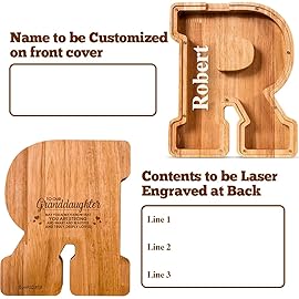 Summidate Customized Name Large Wooden Piggy Bank for Kids Boys Girls Alphabets Letter A-Z Coins Bills Money Change Bank Box Initial on Clear Cover (Laser Engraved) (Alphabet-R, Personalized-9)